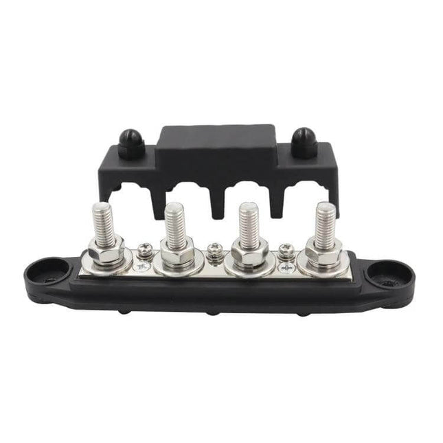 RV Power Distribution Terminal Block With Cover M8 and M10 Studs compact 48V DC bus, 4-stud 62.5A each, ABS body with zinc alloy hardware