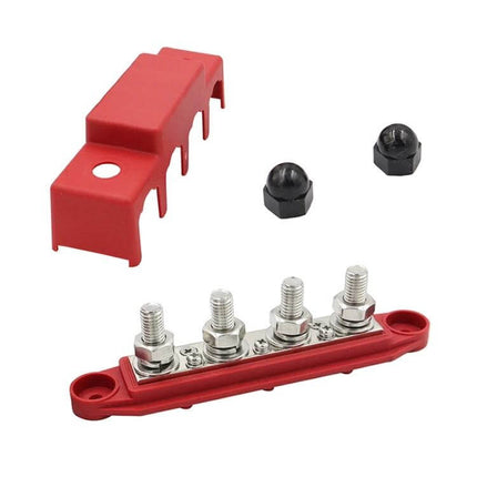 RV Power Distribution Terminal Block With Cover M8 and M10 Studs red ABS body with four studs, zinc alloy hardware and protective red cover