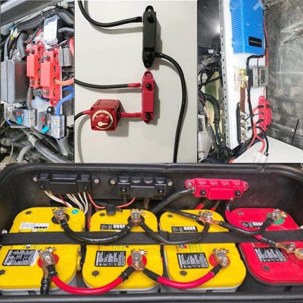 RV Power Distribution Terminal Block With Cover M8 and M10 Studs installed in RV battery compartment organizing red and black cables