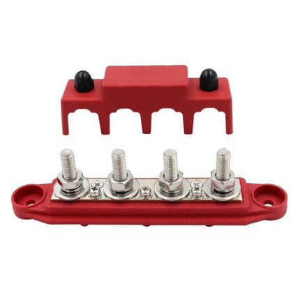 RV Power Distribution Terminal Block With Cover M8 and M10 Studs, red ABS body with four silver studs, protective red cover
