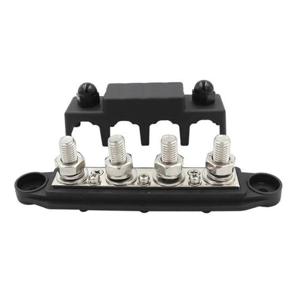 RV Power Distribution Terminal Block With Cover M8 and M10 Studs compact 48V DC bus with four studs, ABS body and zinc alloy hardware