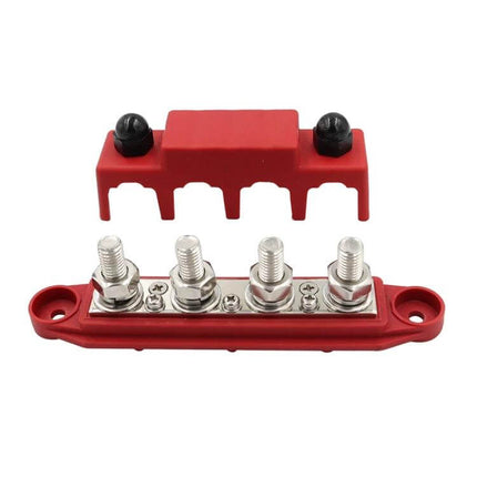 RV Power Distribution Terminal Block With Cover M8 and M10 Studs compact 48V DC red ABS block with four studs and protective cover