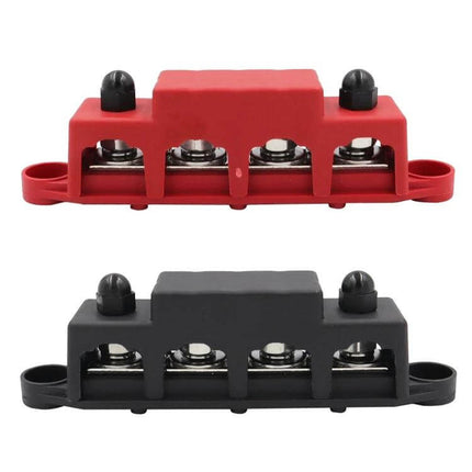 RV Power Distribution Terminal Block With Cover M8 and M10 Studs compact 48V DC bus with red and black protective covers