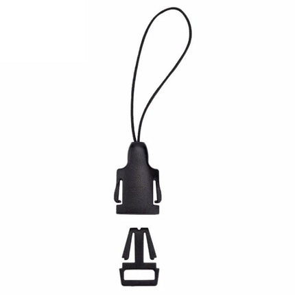 Versatile Adapter for Attaching Cameras to Neck Straps - black ABS plastic camera-to-strap connector with lanyard loop