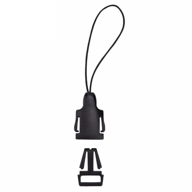 Versatile Adapter for Attaching Cameras to Neck Straps - black ABS plastic camera-to-strap connector with lanyard loop