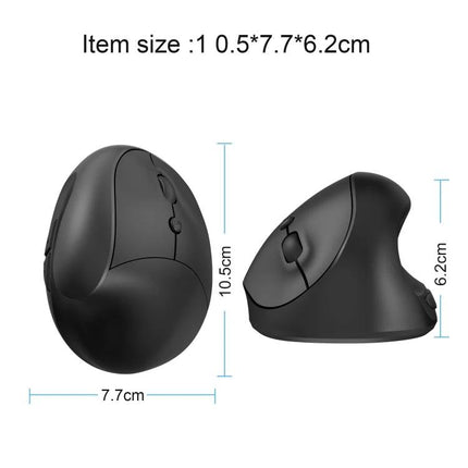 X10 Wireless Vertical Ergonomic Mouse for Everyday Use - black vertical ergonomic mouse showing left and side views with dimensions 10.5x7.7x6.2 cm