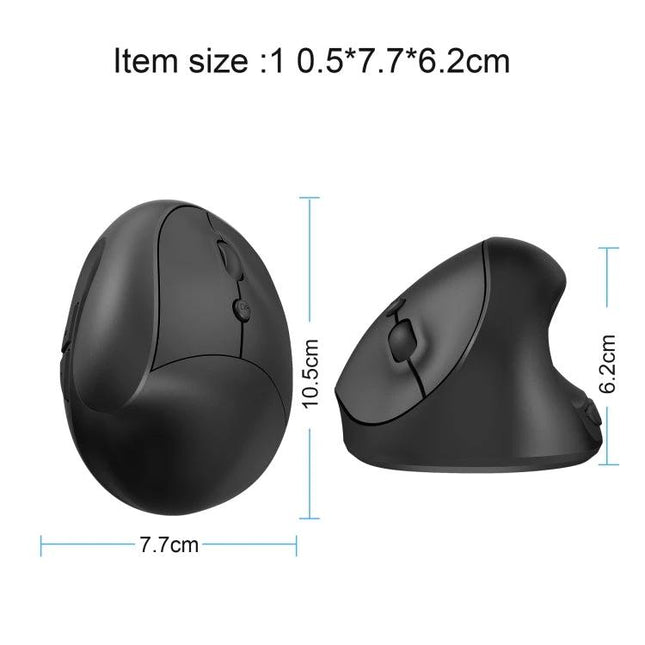 X10 Wireless Vertical Ergonomic Mouse for Everyday Use - black vertical ergonomic mouse showing left and side views with dimensions 10.5x7.7x6.2 cm