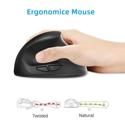 X10 Wireless Vertical Ergonomic Mouse for Everyday Use - black ergonomic vertical mouse shown in hand, side buttons, promotes natural wrist posture