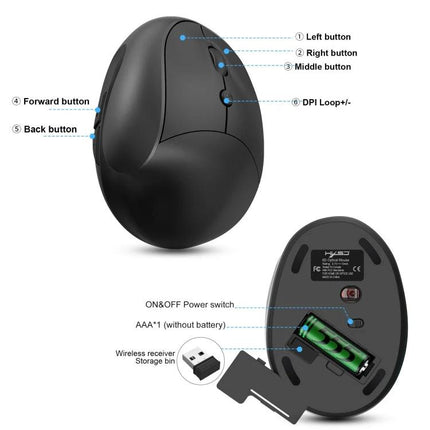 X10 Wireless Vertical Ergonomic Mouse for Everyday Use showing labeled buttons, DPI switch, AAA battery compartment and USB receiver storage