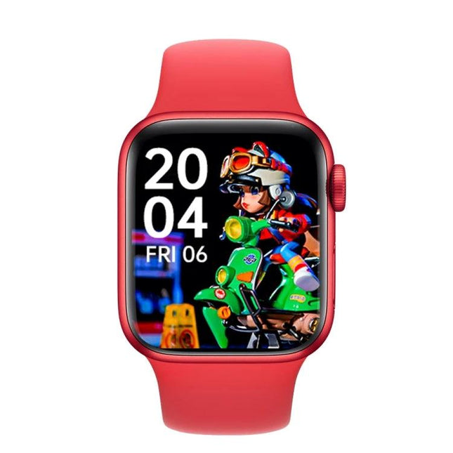 Smartwatch for Everyday Health Tracking and Reminders - red smartwatch with fitness display showing time, date, step and heart rate icons