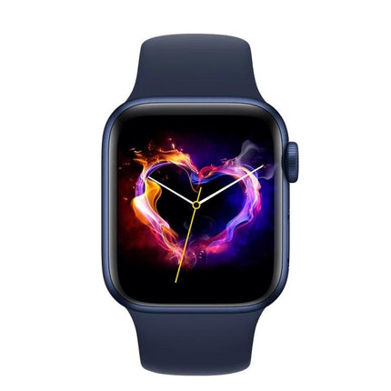 Smartwatch for Everyday Health Tracking and Reminders - navy smartwatch displaying heart-rate heart-shaped fire graphic and step reminder features