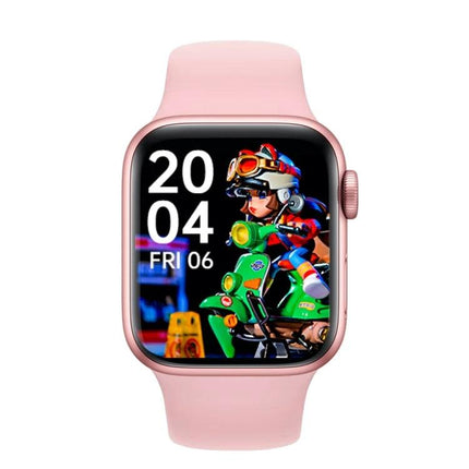 Smartwatch for Everyday Health Tracking and Reminders — pink smartwatch with colorful animated watch face showing time and fitness icons
