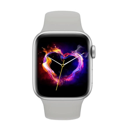 Smartwatch for Everyday Health Tracking and Reminders showing a silver smartwatch with heart-rate display and reminder features