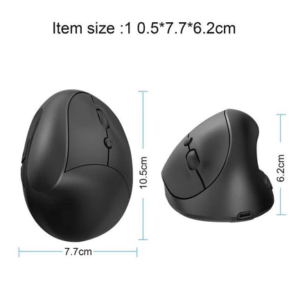 X10 Wireless Rechargeable Vertical Ergonomic Mouse for Daily Use - black 2.4GHz vertical mouse shown front and side with dimensions 10.5x7.7x6.2cm