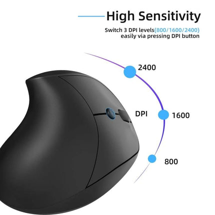 X10 Wireless Rechargeable Vertical Ergonomic Mouse for Daily Use showing black vertical design and DPI button with 800/1600/2400 sensitivity levels