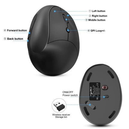 X10 Wireless Rechargeable Vertical Ergonomic Mouse for Daily Use - black vertical ergonomic mouse showing left/right/middle buttons, DPI button, forward/back buttons, USB receiver storage and power switch