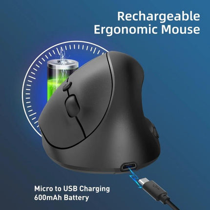 X10 Wireless Rechargeable Vertical Ergonomic Mouse for Daily Use - black rechargeable vertical mouse showing micro USB charging and ergonomic grip
