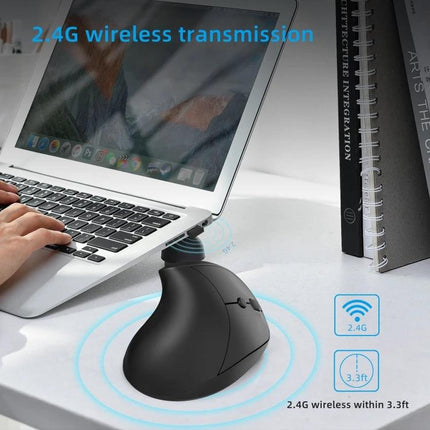 X10 Wireless Rechargeable Vertical Ergonomic Mouse for Daily Use black vertical mouse next to laptop showing 2.4G wireless transmission