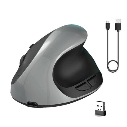 X10 Wireless Rechargeable Vertical Ergonomic Mouse for Daily Use - gray vertical mouse with USB receiver and charging cable