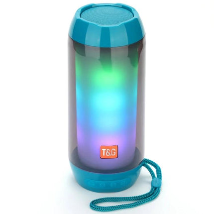 TG Bluetooth Speaker For Home Listening And Hands Free Calls glowing teal portable speaker with multicolor LED lights and wrist strap
