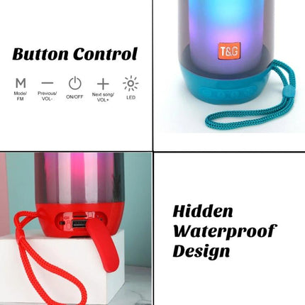 TG Bluetooth Speaker For Home Listening And Hands Free Calls showing button controls, LED base, AUX/USB ports and waterproof cover