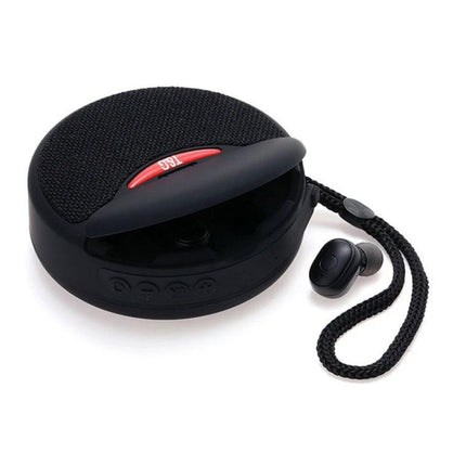 Portable Speaker And Detachable Earphone Combo For Daily Use compact black Bluetooth speaker with detachable earbud and lanyard