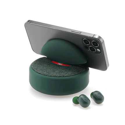 Portable Speaker And Detachable Earphone Combo For Daily Use shown in green with phone stand, Bluetooth earbuds and USB/aux versatility