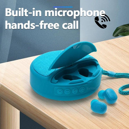 Portable Speaker And Detachable Earphone Combo For Daily Use showing teal speaker with detachable earbuds and built-in mic