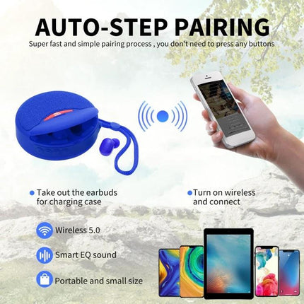 Portable Speaker And Detachable Earphone Combo For Daily Use showing blue speaker, earbuds, phone pairing