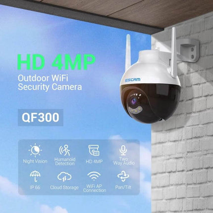 ESCAM QF300 Smart WiFi Camera for Home Security with Night Vision mounted outdoor showing HD 4MP, night vision, motion detection and WiFi access