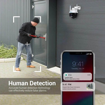 ESCAM QF300 Smart WiFi Camera for Home Security with Night Vision monitoring a thief at garage door with mobile motion alert