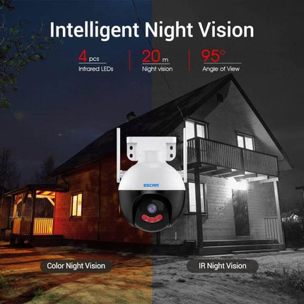 ESCAM QF300 Smart WiFi Camera for Home Security with Night Vision showing color and IR night vision, 20m range, 95° view for home monitoring