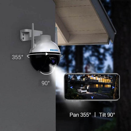 ESCAM QF300 Smart WiFi Camera for Home Security with Night Vision mounted outdoors showing 355° pan and 90° tilt with phone live view