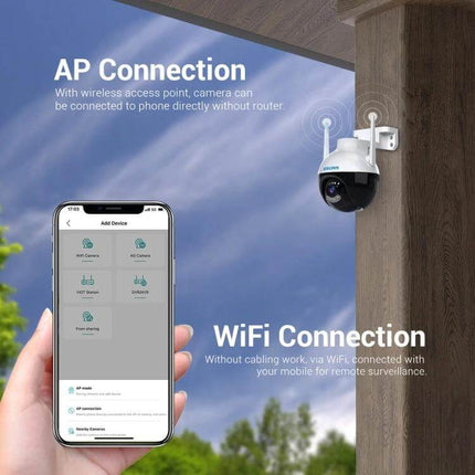ESCAM QF300 Smart WiFi Camera for Home Security with Night Vision showing WiFi AP connection and live mobile app feed