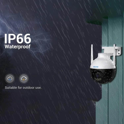ESCAM QF300 Smart WiFi Camera for Home Security with Night Vision mounted outdoors in rain showing IP66 waterproof rating