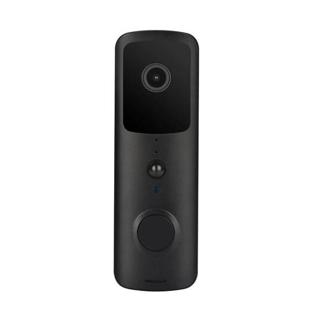 Tuya Smart WiFi Video Doorbell with Night Vision and Intercom mounted in black showing camera lens, motion sensor, and door button for remote monitoring