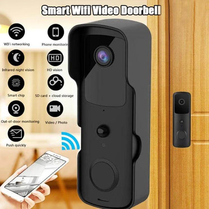 Tuya Smart WiFi Video Doorbell with Night Vision and Intercom mounted on wood door showing camera, night vision icons, and mobile phone monitoring