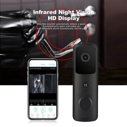 Tuya Smart WiFi Video Doorbell with Night Vision and Intercom showing doorbell, mobile app live feed and infrared night vision display