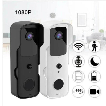 Tuya Smart WiFi Video Doorbell with Night Vision and Intercom showing black and white units, 1080P camera, night vision and intercom icons