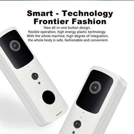 Tuya Smart WiFi Video Doorbell with Night Vision and Intercom showing front camera, IR night vision lens and intercom button on white wireless unit