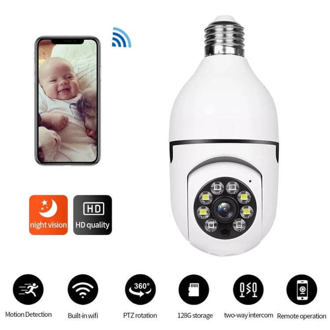 WiFi Enabled Light Bulb Camera for Home Surveillance with Night Vision — discreet bulb camera with night vision, motion alerts and smartphone live view