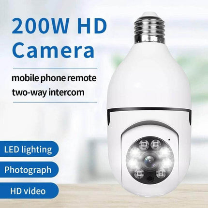 WiFi Enabled Light Bulb Camera for Home Surveillance with Night Vision shown as a white LED bulb camera with HD video and two-way audio