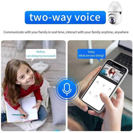 WiFi Enabled Light Bulb Camera for Home Surveillance with Night Vision two-way voice monitoring showing parent using phone to speak to child while camera functions as light bulb