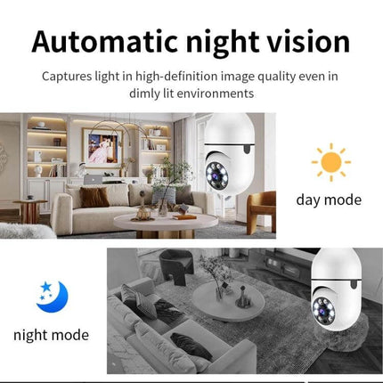 WiFi Enabled Light Bulb Camera for Home Surveillance with Night Vision showing daytime color view and nighttime infrared view in living room