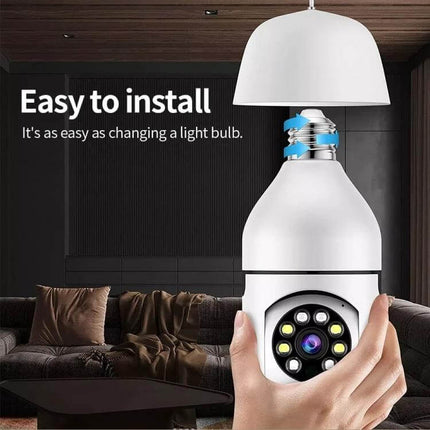 Smart Light Bulb Camera with Motion Detection for Home Monitoring installed in living room, easy to install, 1080p 2MP camera with two-way audio