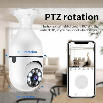 Smart Light Bulb Camera with Motion Detection for Home Monitoring showing PTZ 360° horizontal and 90° vertical rotation with smartphone live view