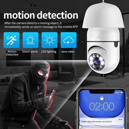 Smart Light Bulb Camera with Motion Detection for Home Monitoring showing ceiling-mounted bulb camera detecting intruder and phone alert