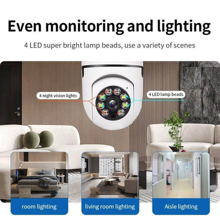 Smart Light Bulb Camera with Motion Detection for Home Monitoring showing 4 LED lamp beads and night vision in living room and hallway
