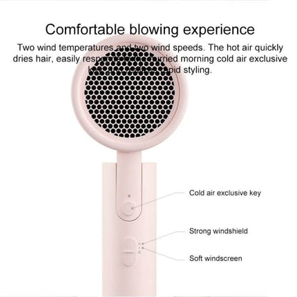 Xiaomi Mijia Negative Ion Portable Hair Dryer With Foldable Handle compact pink model showing grille, controls and labelled cold air key for travel use
