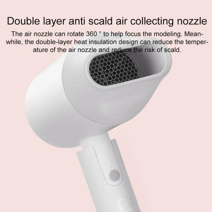 Xiaomi Mijia Negative Ion Portable Hair Dryer With Foldable Handle showing double-layer anti-scald rotating nozzle and compact foldable design